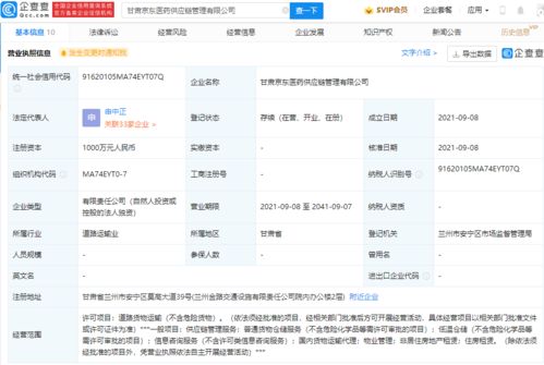 京东于甘肃成立医药供应链管理新公司,注册资本1000万